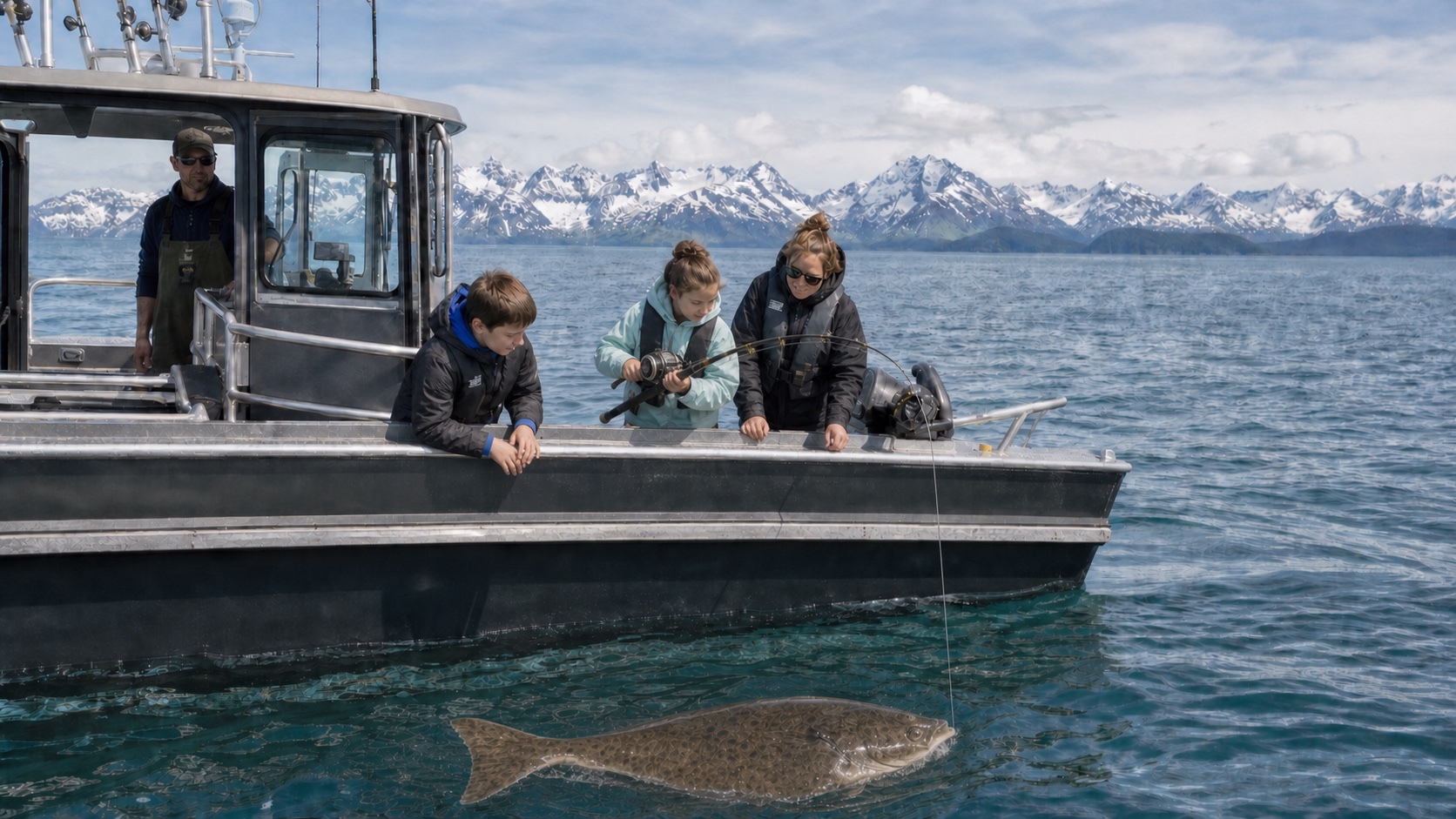 Illustrative halibut fishing aboard an Alaska charter boat