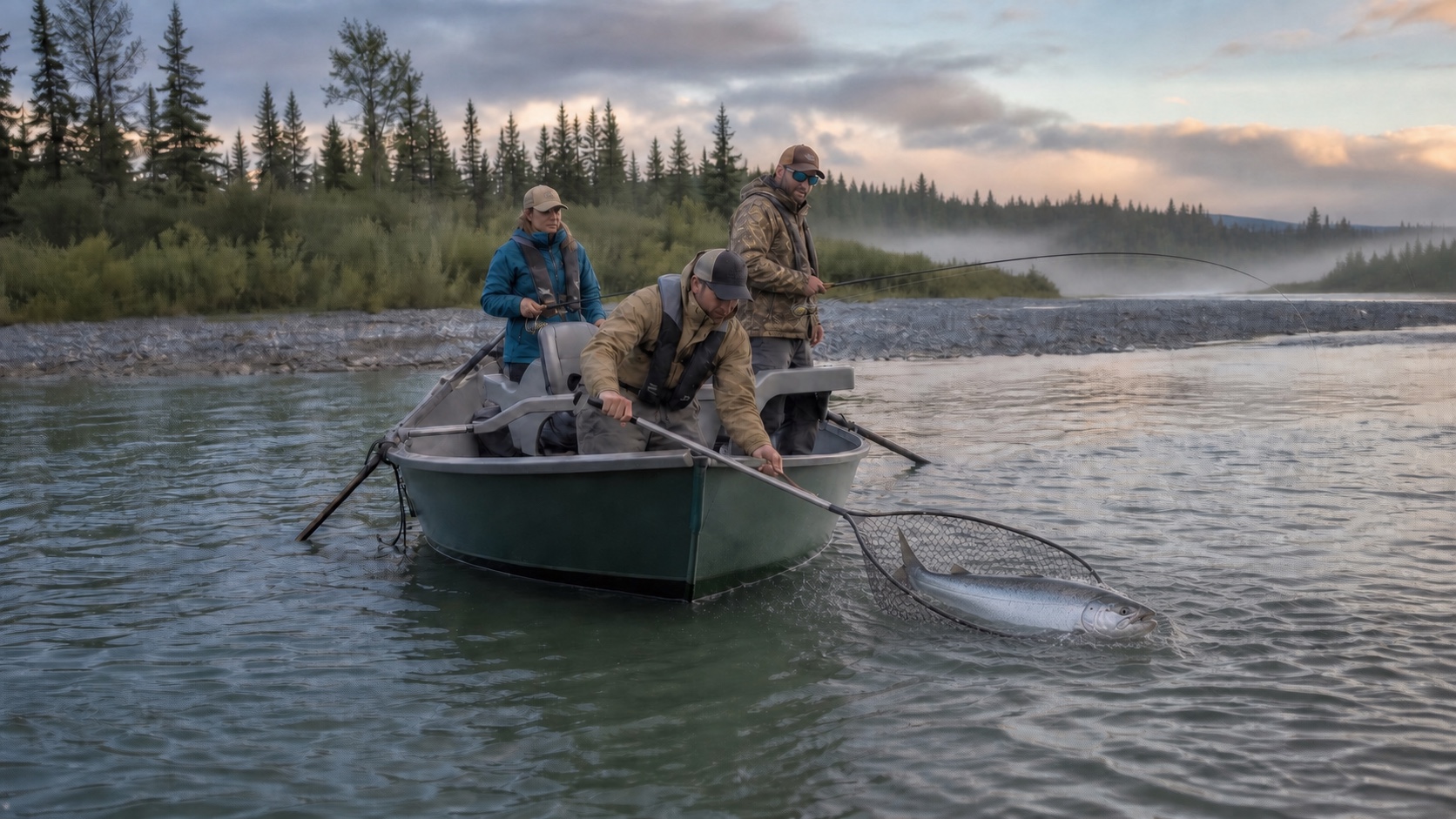 Illustrative guide landing a fish from a drift boat on an Alaska river