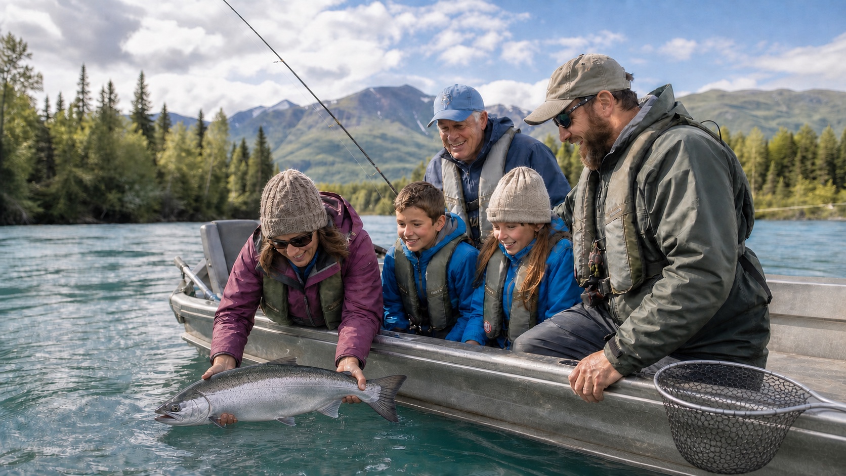 Illustrative Alaska family fishing scene beside a river boat