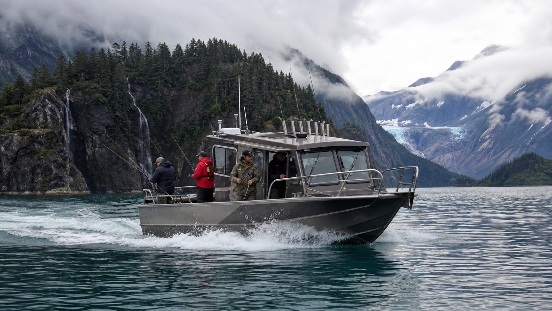 Illustrative charter boat crossing an Alaska glacial fjord